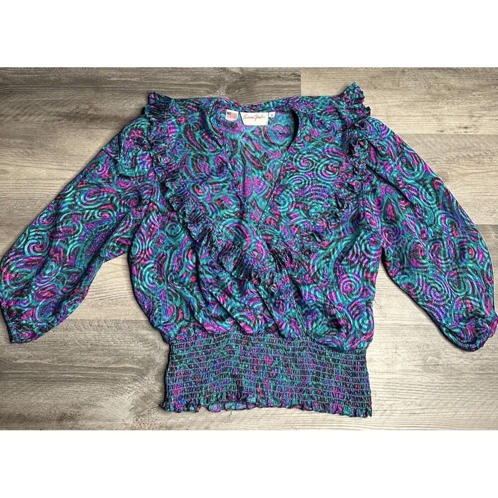 Vtg Assorti Susan Freis Ruffle V-Neck Crop Blouse Smocked Waist Teal Purple - S